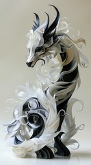 A black and white dragon made of papercut art, three-dimensional layered sculpture, geometrically patterned lines in the style of abstract expressionism on a white background in a front view captured 