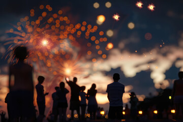 A crowd of individuals gathered together, looking up at colorful fireworks lighting up the night sky
