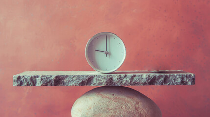 Clock on stone block, illustrating a concept of time and stability