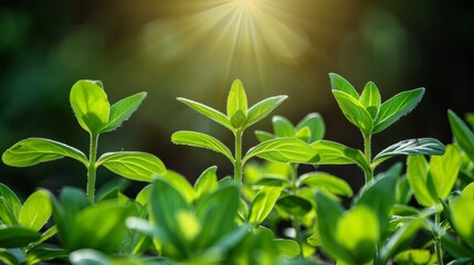  A close-up of a green plant with the sun shining through its leaves In the foreground, a blurred background of the surroundings