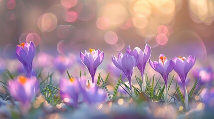  A field of grass dotted with a multitude of purple flowers A beacon of light breaks through, centrally illuminating the scene Background softly blurred