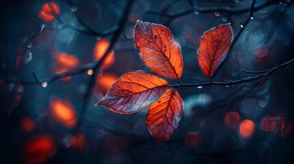  A tight shot of a tree leaf, adorned with droplets of water, on a branch against a hazy backdrop of red-hued tree branches