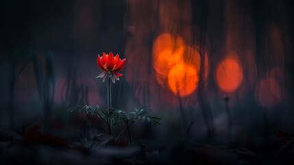  A red flower sits in the forest's heart, sunlight filtering through trees beyond Foreground holds a blurred backdrop of sun-dappled foliage