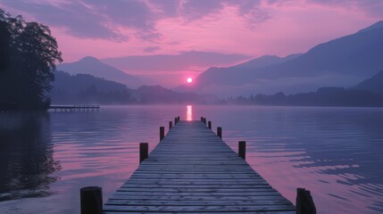  A dock surrounded by a body of water as the sun sets, with mountains in the background and a foreground of tranquil water - Powered by Adobe