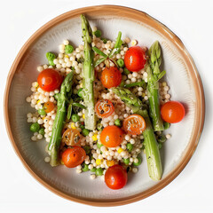 Plate with salat, asparagus and tomatoes on a white plate. White background
