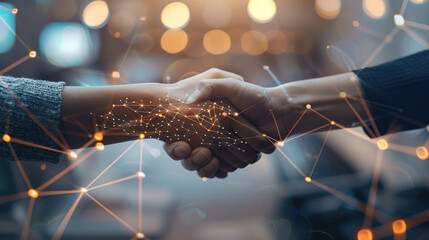 Close-Up of Handshake with Digital Network Connection