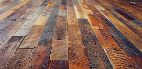 Reclaimed hardwood floors featuring a mixture of light and dark tones for a unique look.