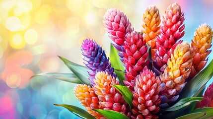  A collection of vibrant flowers atop a verdant plant, framed against a backdrop of colorful blur  from the surrounding light and background
