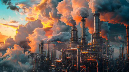 Industrial plant with a lot of smoke from the chimneys. Ecology concept. Gas field with dark clouds of smoke.