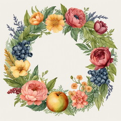 Fototapeta premium Watercolor wreath of various garden flowers on an ivory white background 