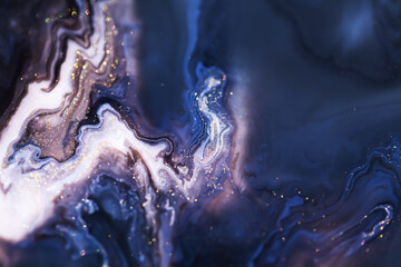 Colorful liquid paint abstract background. Blue, purple and white acrylic paints with shining...