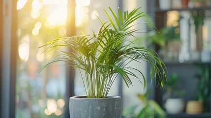  A potted plant sits before a sunlit window Sunlight filters through windowpanes to bathe a green plant in the pot's center