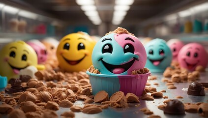 A colorful illustration of cute and smiley vanilla ice cream and scoops, sweetie shop