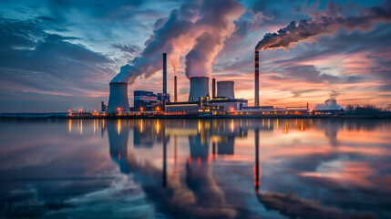 A large power plant with clouds of smoke coming from the plant's chimneys. Industrial plant. Ecology concept. - Powered by Adobe