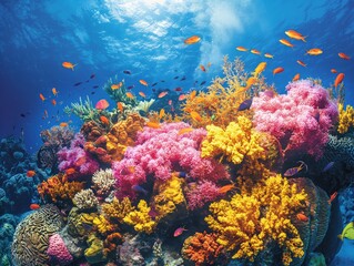 A colorful coral reef with many different types of fish and sea creatures. The colors are bright and vibrant, creating a lively and energetic atmosphere