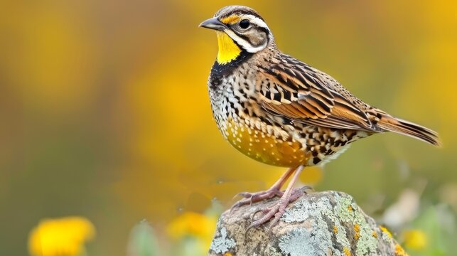  A bird perched on a rock, surrounded by a field of flowers Its head sports a yellow and black stripe, as does its chest