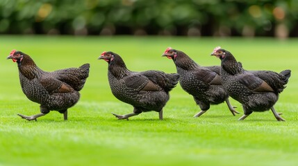  A group of black chickens walks through a lush, green grass field Trees line the backdrop, and a similar green grass-covered expanse lies behind them