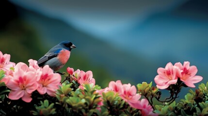  A small bird perches atop a bush adorned with pink flowers, against a backdrop of a distant mountain