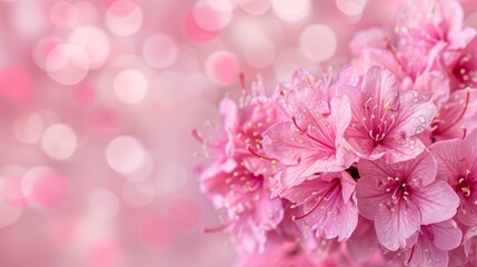  A close-up of pink flowers against a pale backdrop of blurred, light-colored lights in the image's background