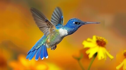 A blue-and-white hummingbird flies over a yellow and golden flower with its wings spread wide