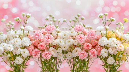  A vase with a pink background holds a bouquet of pink and white flowers In front, white and pink blooms are situated against a pink backdrop of yellow and white flowers