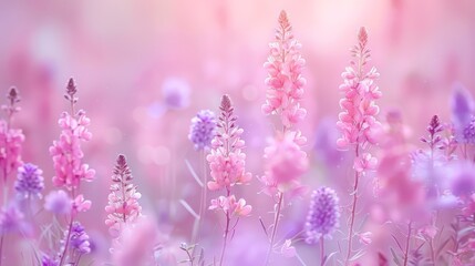  A tight shot of a flower cluster, foreground filled with pink, purple, and white blooms, background softly blurred with pink and purple flowers