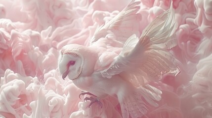  A tight shot of a bird mid-flight against a backdrop of numerous pink blossoms In the foreground, a white avian figure with a pink eye