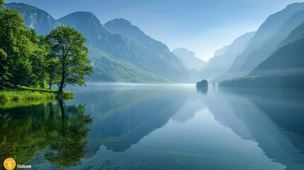 Naklejka premium Tranquil Lake Surrounded by Misty Mountains and Lush Greenery with Clear Reflections Under a Blue Sky.