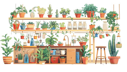 Cozy indoor garden scene with various potted plants, green foliage, and a wooden shelving unit for home decor and botanical enthusiasts.