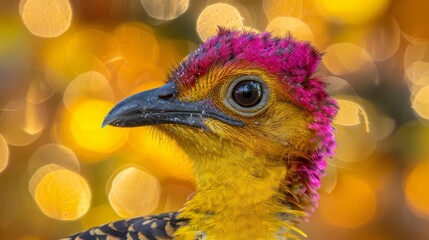  A close-up of a vibrant bird against a backdrop of blurred string lights Background features soft, blurred illumination from additional string lights