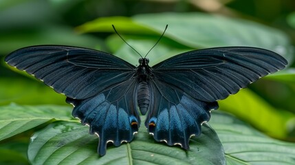  A blue-black butterfly perches on a lush, green leafy plant Numerous green leaves fill the foreground The background softly blurs with more leaves