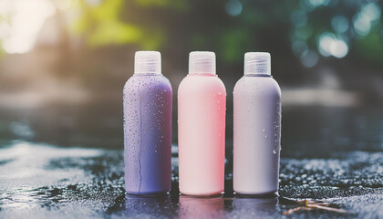 Mock-up of 3 bottles of shampoo, hair conditioner or mask. Shower gels. Organic cosmetics. Body care