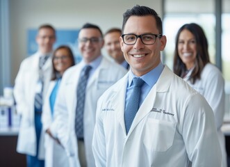 Fototapeta premium A group of smiling doctors standing in front 