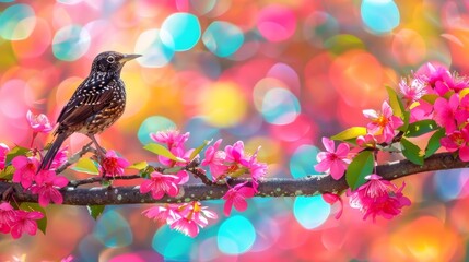  A bird perched on a tree branch with pink flowers before a multicolored backdrop of lights