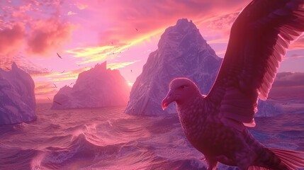  A bird flying over a body of water with icebergs in the background In the foreground, another bird flies above the water and icebergs - Powered by Adobe