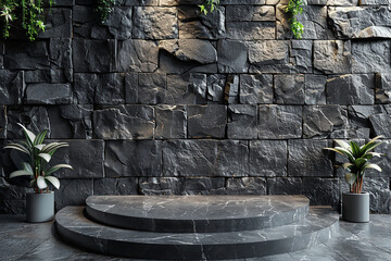 Black stone podium for luxury product placement. Rock granite pedestal stage background.