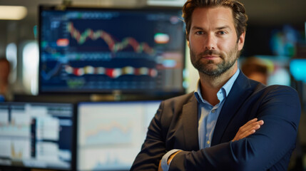 Portrait of a handsome man in a suit standing in a modern office against the background of a digital board with charts and holograms. Happy man posing indoors, celebrating income growth.