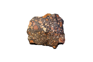 A piece of conglomerate rock isolated on white background. Detrital sedimentary rock.