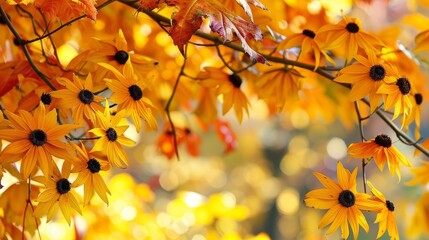  A tree teeming with numerous yellow flowers adjacent to a forest adorned with an abundance of orange and yellow leaves, and another forest boasting a profusion of yellow and orange foli - Powered by Adobe