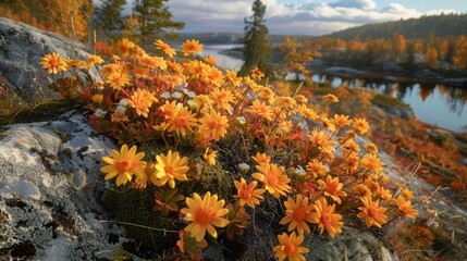  A rocky outcropping blooms with a mass of yellow flowers, nestled between a serene body of water and a backdrop of trees Beyond, a blue sky adorned