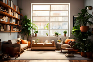 Modern living room interior design with sofa, bookshelf and plants. 3d render