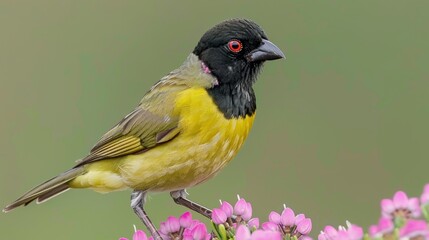  A yellow-and-black bird perches atop a purple and white flowered plant Pink flowers populate both the foreground and background, contrasting against the green backdrop