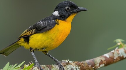  A small yellow and black bird sits on a branch, surrounded by green foliage The foreground features clear green leaves, while the background is composed of softly blurred green leaves