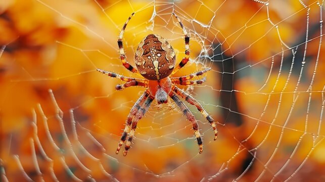  A tight shot of a spider on its web, surrounded by a backdrop of yellow and orange blooms Dewdrops adorn the intricate strands of the spider'