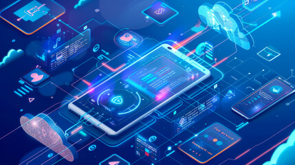 Close up of cloud storage symbol on digital display. A human hand touches a modern board with software icons. Technology concept.