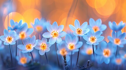  A tight shot of numerous blooms with indistinctive backdrop lights and hazy flower images in the foreground, merged with an indistinct background