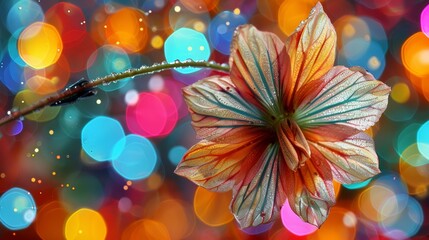  A close-up of a flower on a branch with a blurred background of lights  in the foreground, and a solitary flower in sharp focus in the foreground