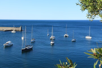 Boats in bay at Mediterranean seaside town of Collioure in Pyrénées-Orientales department, southern France