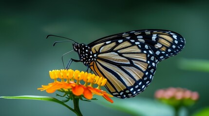  A close-up of a butterfly on a flower with a blurred background behind it