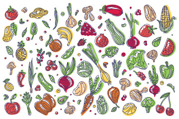 Set of doodles in color vegetables and fruits on a white background. Vector graphics of healthy food. Vegetables and fruits in doodle style, sketch. Illustration for food design. Vegan products